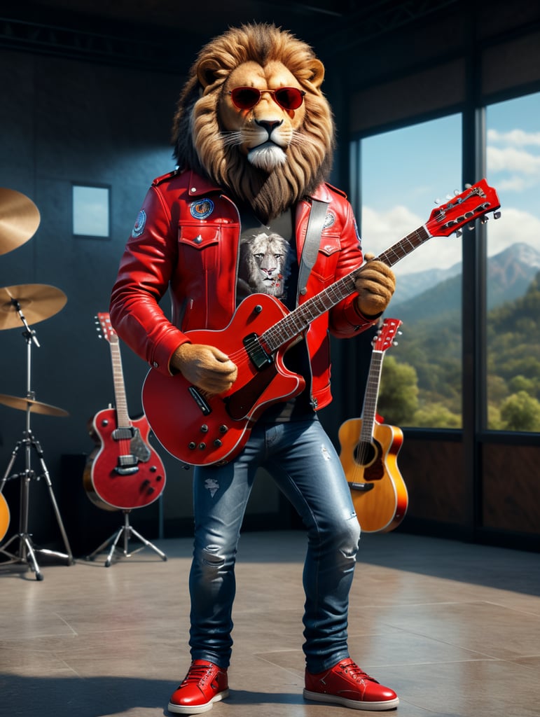 realistic lion, wearing red Leather jacket and jeans pants, wearing shoes, holding a guitar, 8k, unreal engine render, full body wearing sunglasses