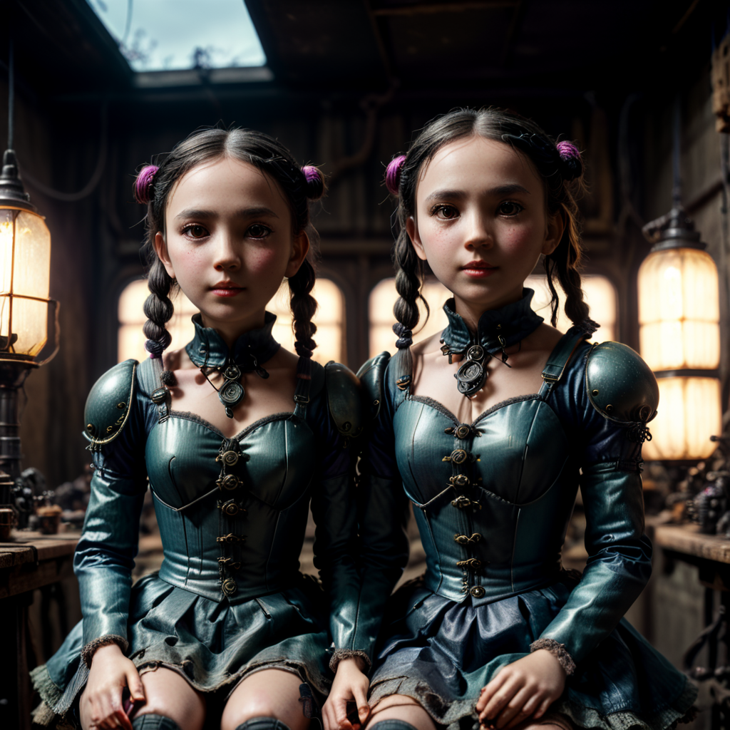 Two 3D puppet dolls, with strings attached to arms and hands, dressed in frilly clothes, pigtails, sitting in a toy makers workshop, vibrant by artist "Lovecraft", "Edward Gorey", "Anton Semenov", dystopian surrealism