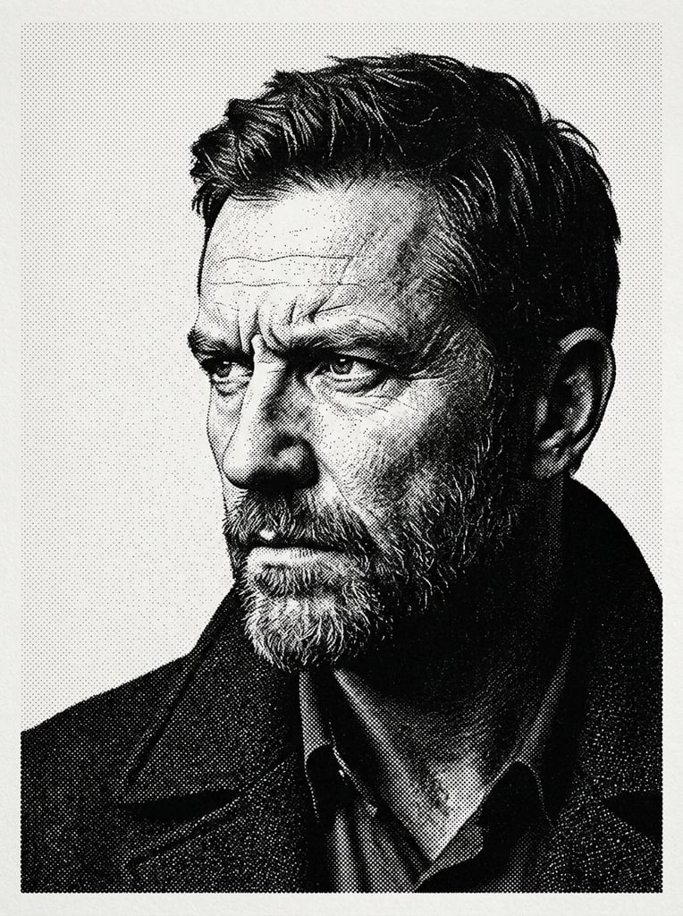 black and white stippled portrait of a stern man looking left, high contrast pointillism, varying dot density forming deep facial shadows, stark halftone effect, light background