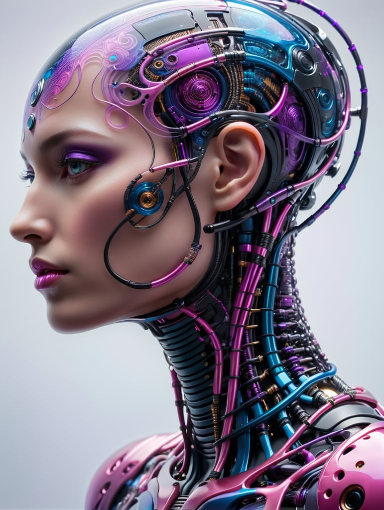 iseneld + abstract biomechanic humanoid portrait made of matte transparent rubber, smooth carbon fibre skin, circuits and sinuous wires, liquid shapes + vibrant color palette (pink, blue, purple), biomorphic, minimalism, surrealism, dither + art station