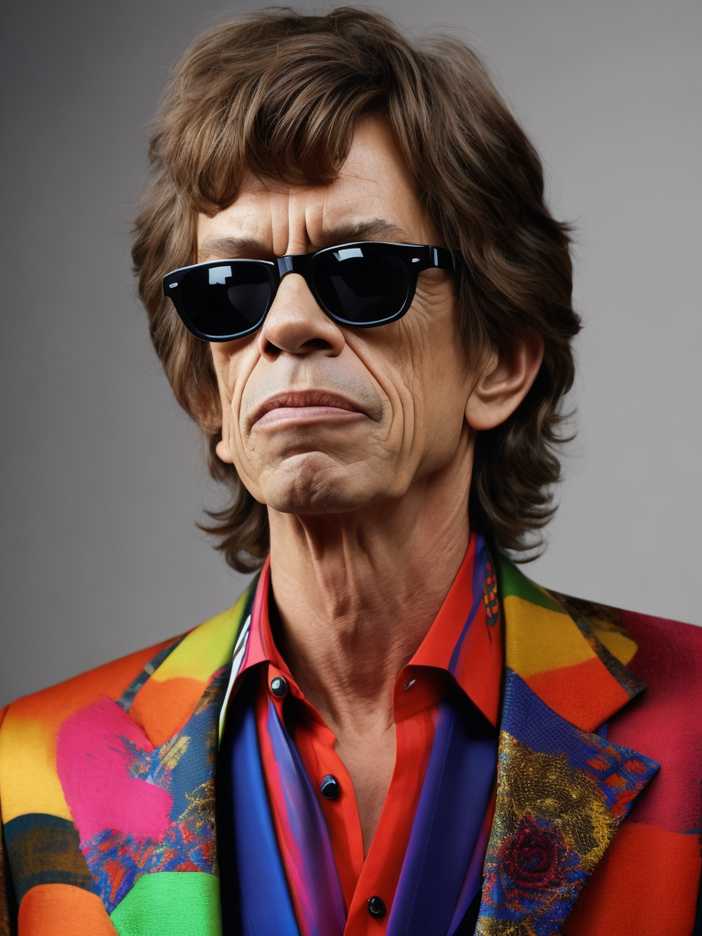 Mick Jagger wearing a brightly patterned jacket and wayfarer glasses, Vivid saturated colors, Contrast color