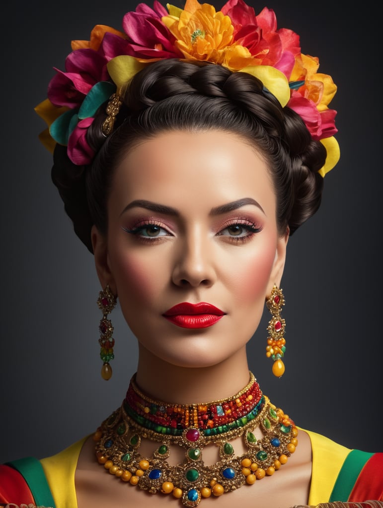 Portrait of Carmen Miranda, bright and saturated colors, elegant, highly detailed, vogue, fashion magazine, sharp focus, Bright expressive makeup, Dramatic Lighting, Depth of field, Incredibly high detailed, blurred background