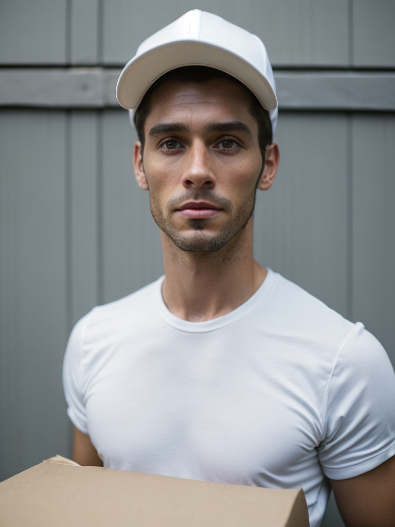 portrait of a delivery man, wearing a white cap and white t-shirt, holding a box