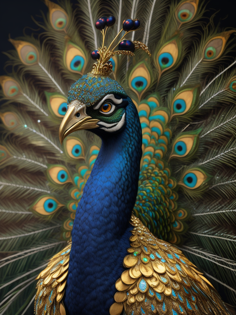 Magical king peacock wearing expensive jewelry that is magnificent, incredibly detailed, intricate, with brilliant bright shimmering sparkling glittering diamonds on glowing shining precious luminous gold, Royal rich luxurious