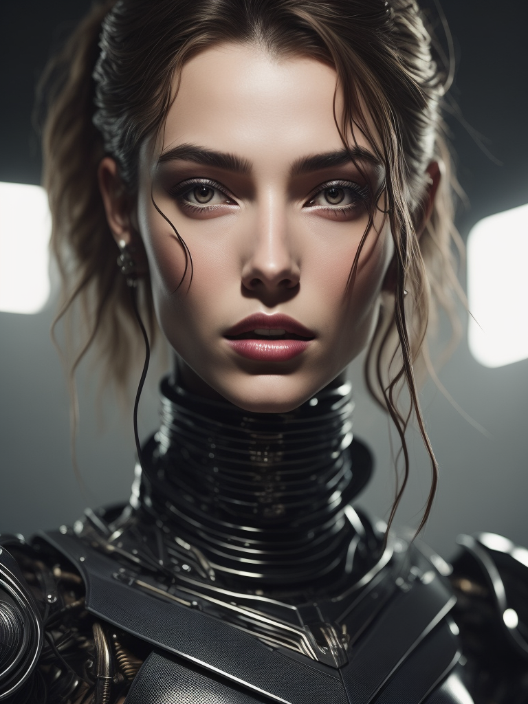 Portrait of a robot girl, enormous lips, transparent neck, porcelain face and head, robotic parts, cyberpunk, cable electric wires, hyperrealistic, fantasy, octane render, intricate, concept art, professional studio lighting