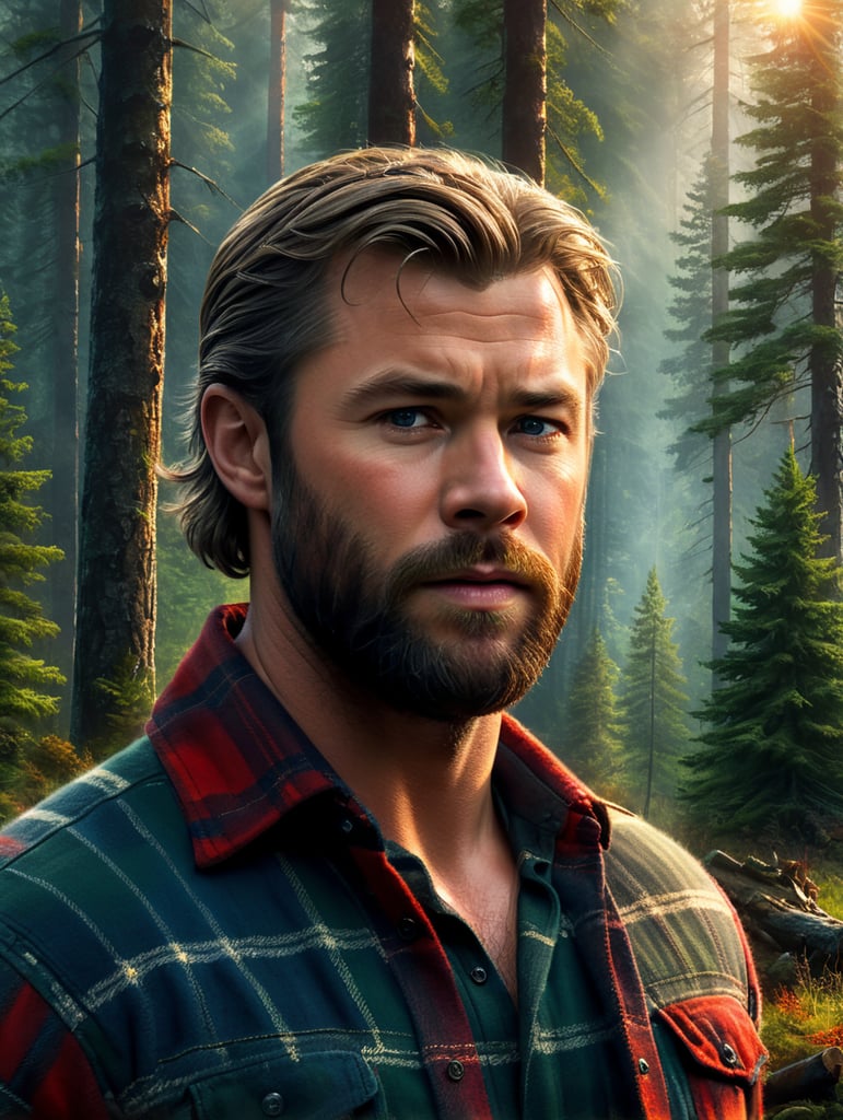 Portrait of Chris Hemsworth as a Canadian lumberjack, with a large beard and a plaid shirt, against the backdrop of a dense forest, bright saturated colors, Contrasting cinematic light