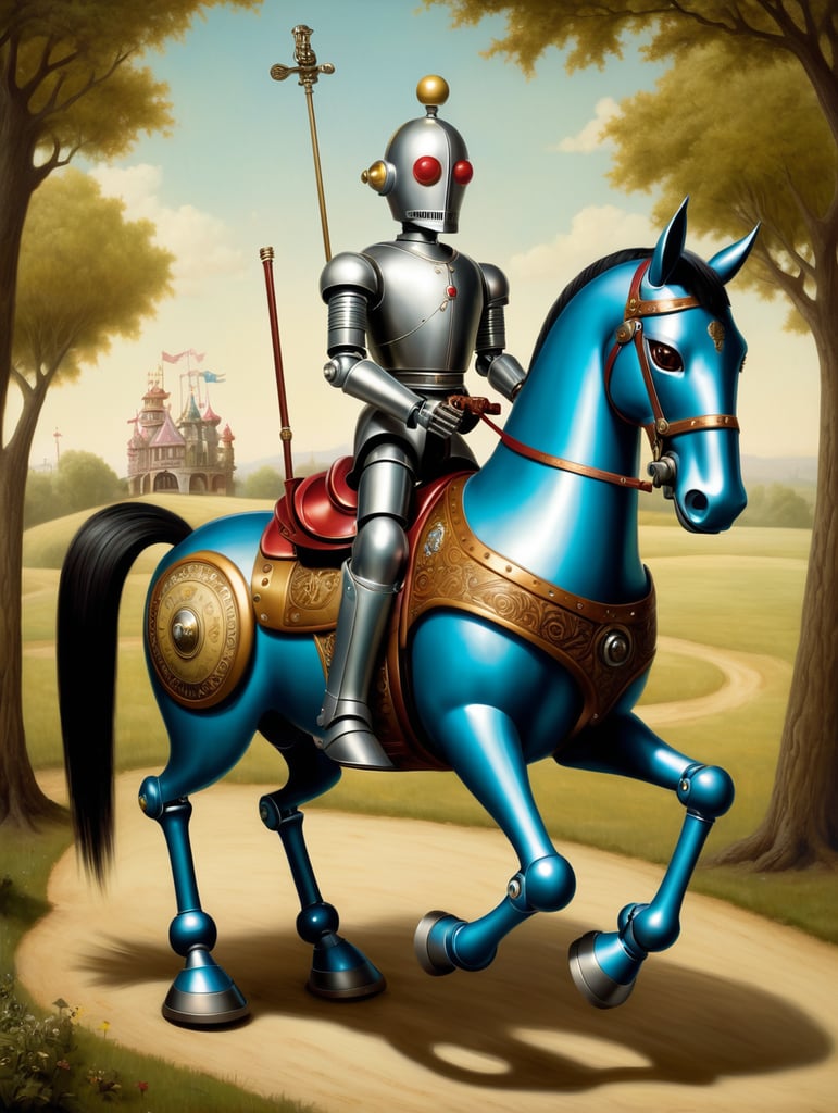 Premium Free ai Images | don quixote robot ride robot horse by mark ryden