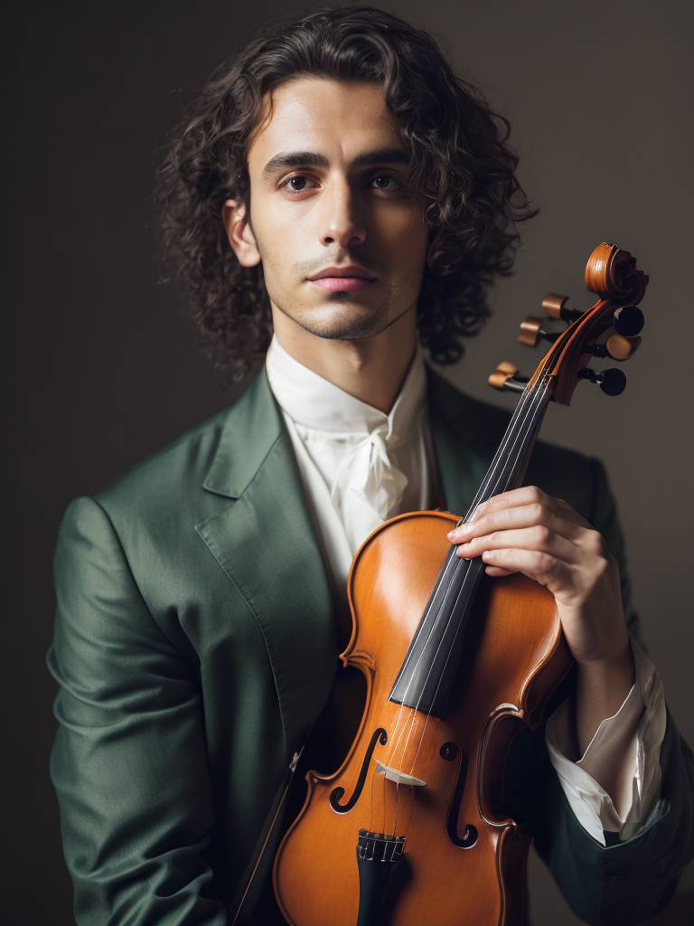 Antonio Lucio Vivaldi with a violin, in a 18th century green suit, Detailed image, detailed face,