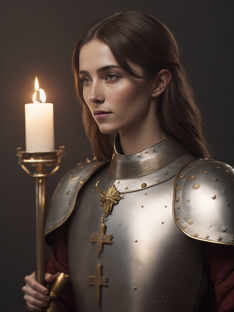 Joan of Arc, Medieval France, Petite and Lean, Armor with a White Surcoat and Cross, Adobe Photoshop, Realistic Digital Painting, Historical Portrait, High Resolution, Warm Candlelight, Symbolic Art, Brave, Resolute Expression, Inspirational Atmosphere