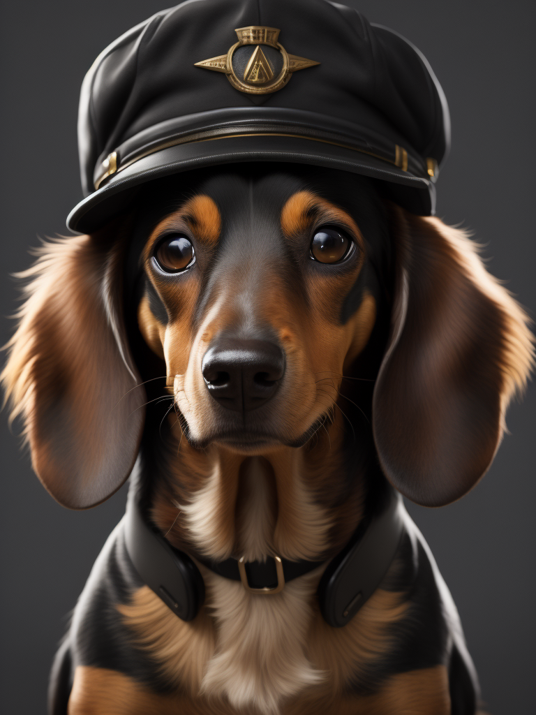 create an image of a long hair dachshund that is the captain of an airplane. The dog is black and brown and wearing a pilot hat.