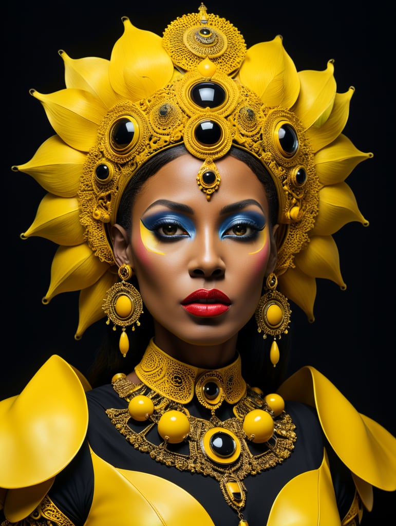 Donyale luna, avant-garde, simplygo, photoshoot spread, dressed in all yellow, black background, harpers bizarre, cover, headshot, hyper realistic