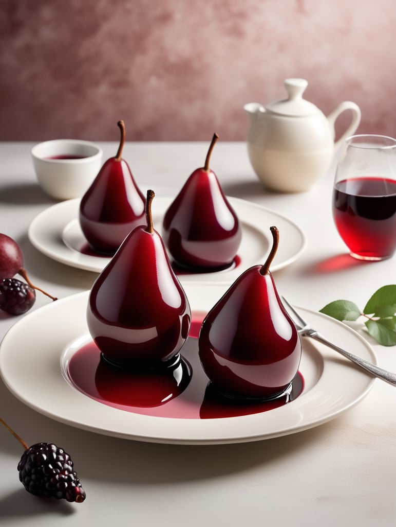 Red Wine Poached Pear with Cream, blurred background