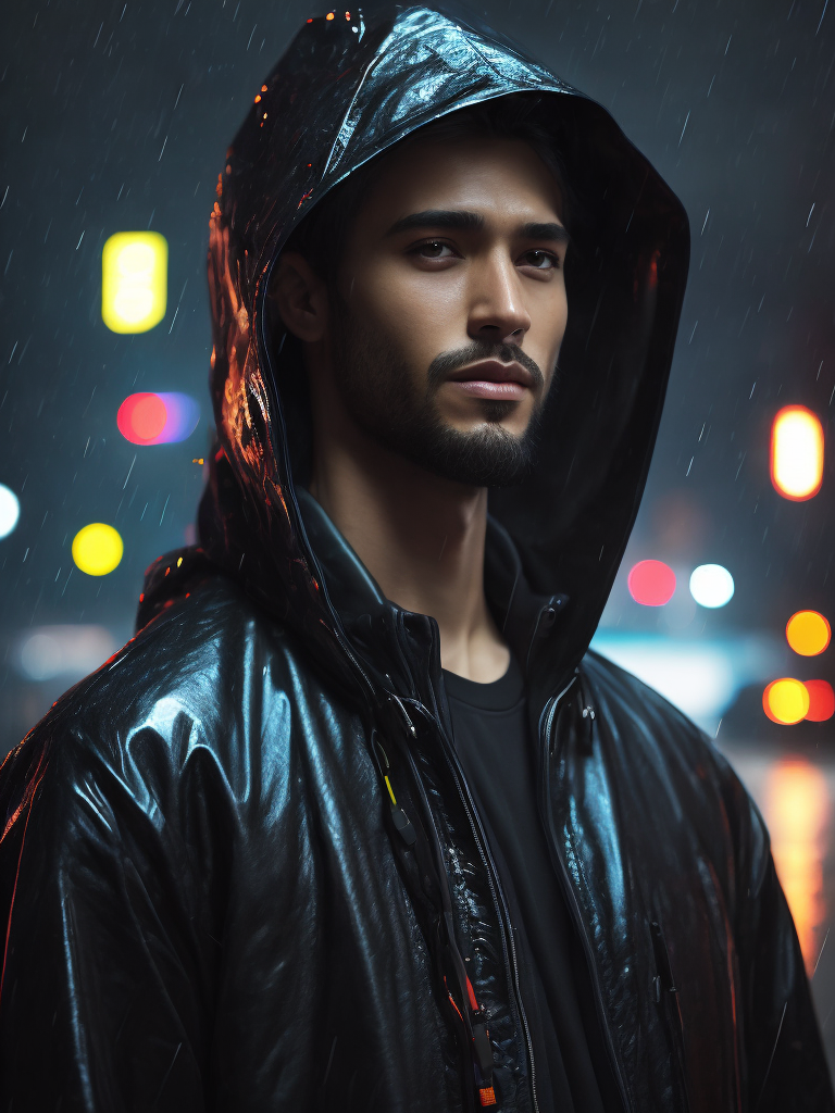 a man wearing black and transparent raincoat, under the rain, ultra realistic, neon lights