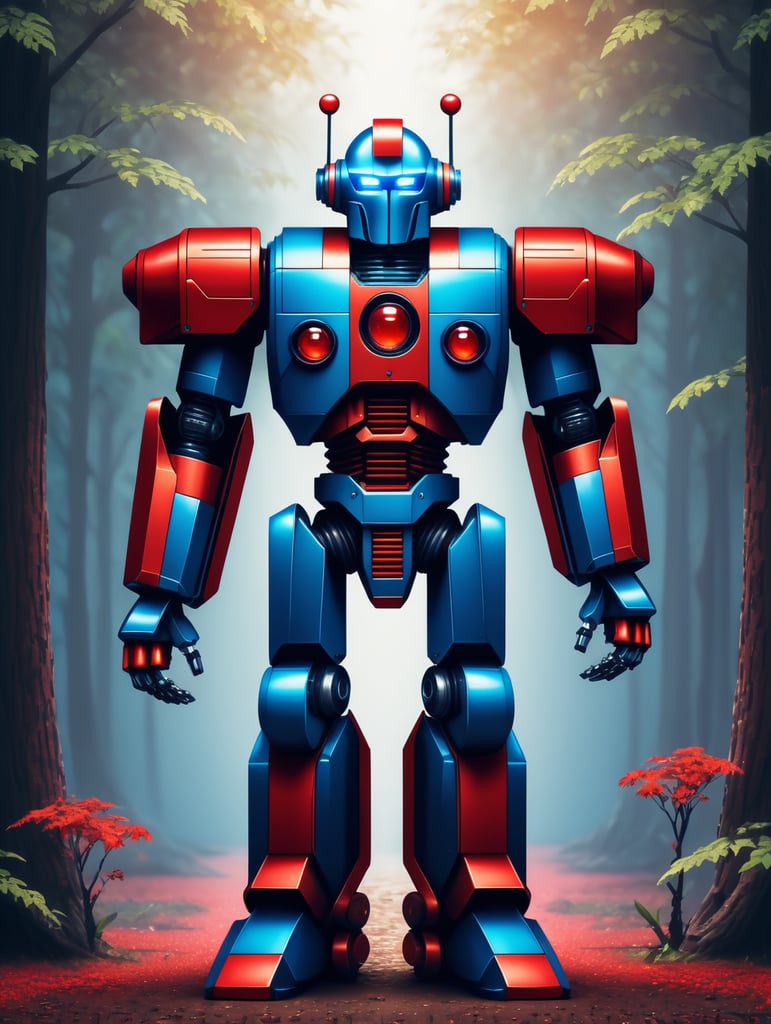 pixel art retro robot full body with red and blue colors