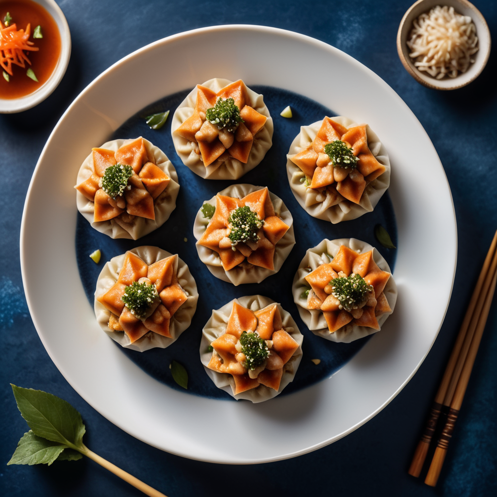 three, chicken Shumai dumpling, dark blue surface, top view