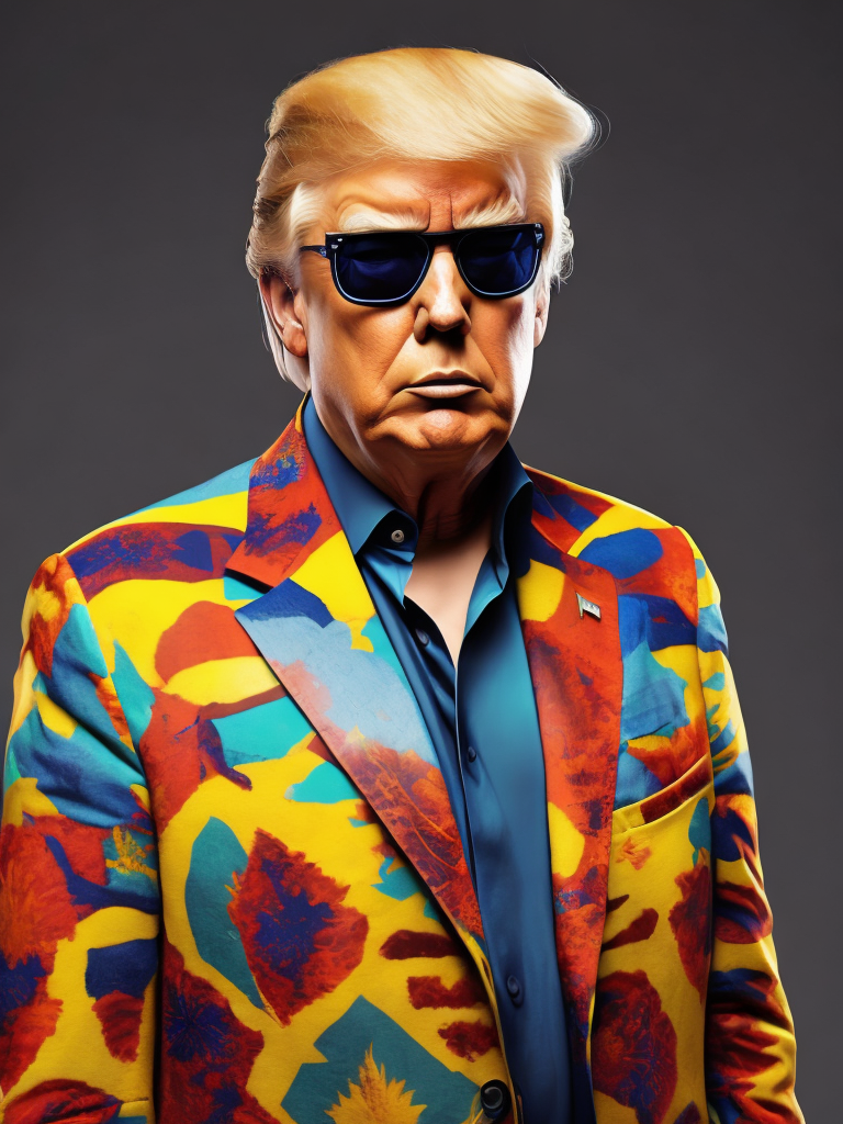 Donald Trump wearing a brightly patterned jacket and wayfarer glasses, Vivid saturated colors, Contrast color