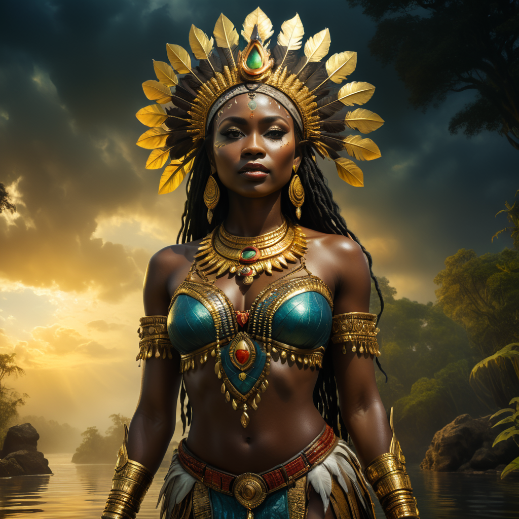 an african queen standing posing for camera on the water with a golden headdress, in the style of zbrush, chiaroscuro portraitures, detailed costumes, uhd image, forestpunk, bamileke art, western-style portraits