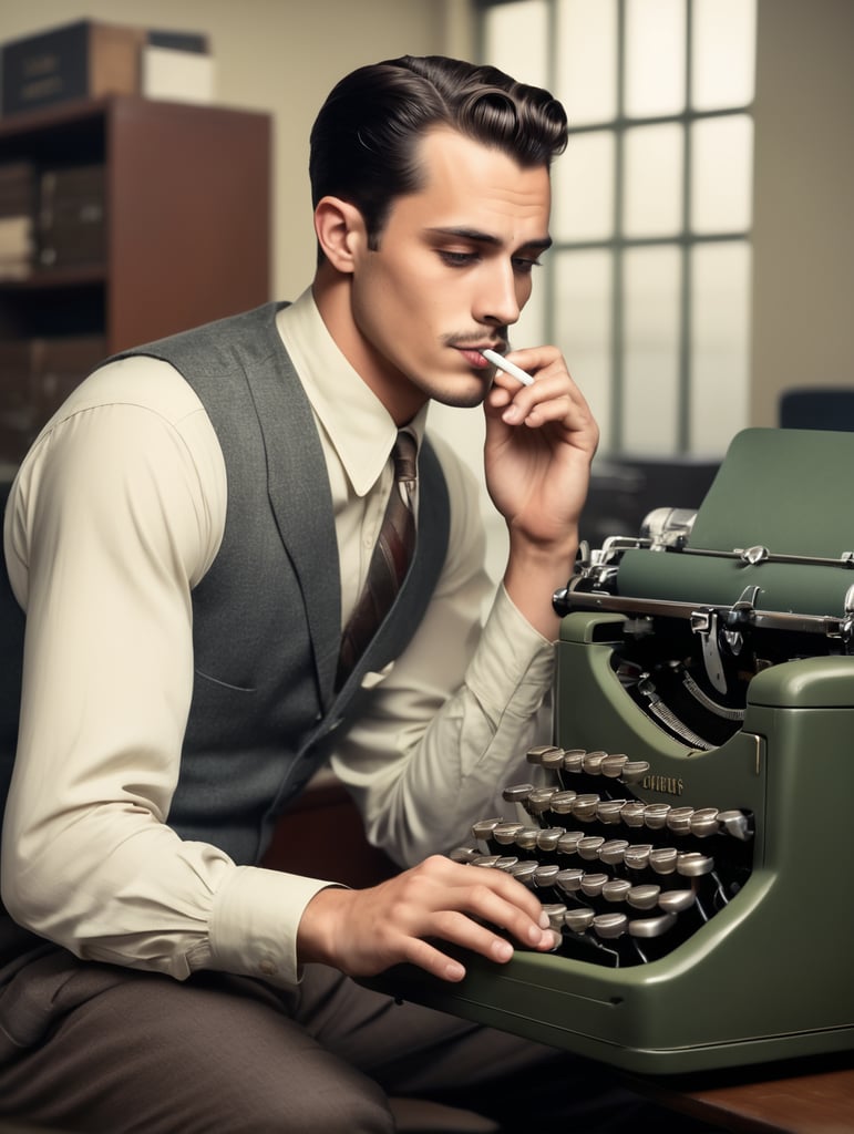 Hollywood 1940's, a young man, smoking a cigarette, is typing on a vintage typewriter in an office,