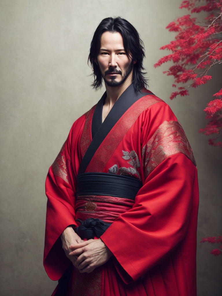 Portrait of Keanu Reeves as a samurai in a red kimono, serious look, detailed background in an oriental style, bright saturated colors