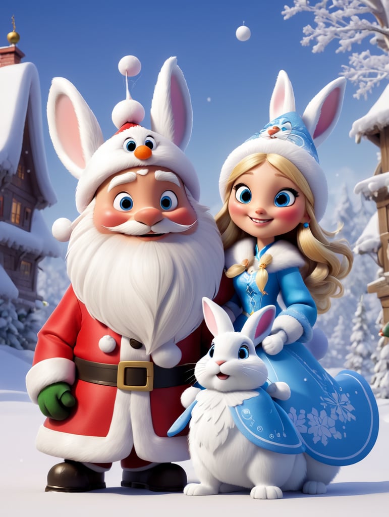 New year's card, Santa Claus and Snow Maiden, rabbit, deere, by Justin Gerard and Greg Rutkowski