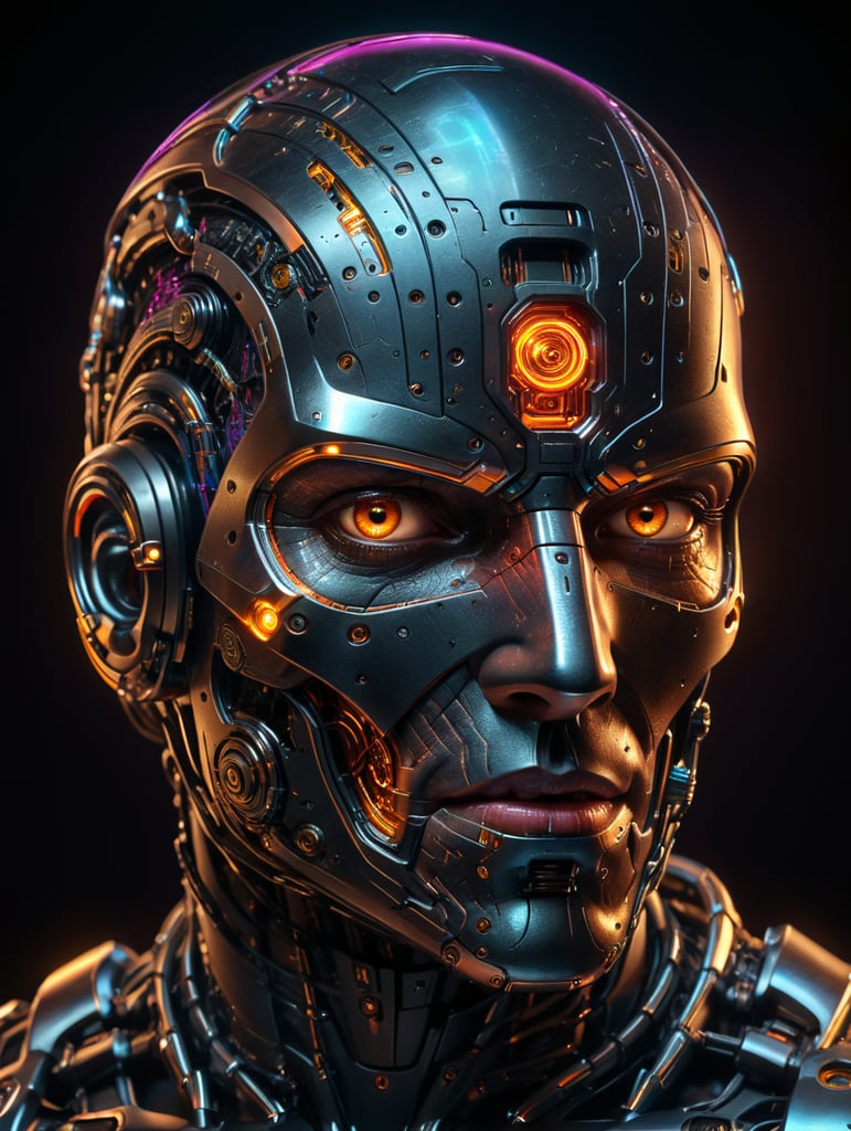 Intricate detailed laser line art (cyborg portrait ) (internal plasma network, precise , neon glowing tonal colors)