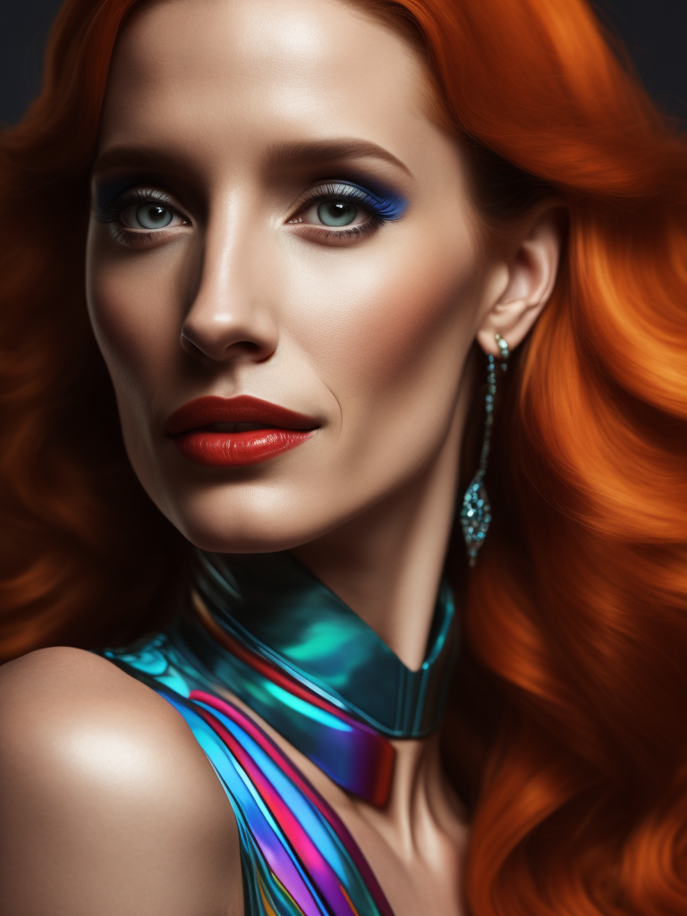 Portrait of Jessica Chastain, bright and saturated colors, elegant, highly detailed, vogue, fashion magazine, sharp focus, bright expressive makeup, dramatic lighting, depth of field, incredibly high detailed, blurred background