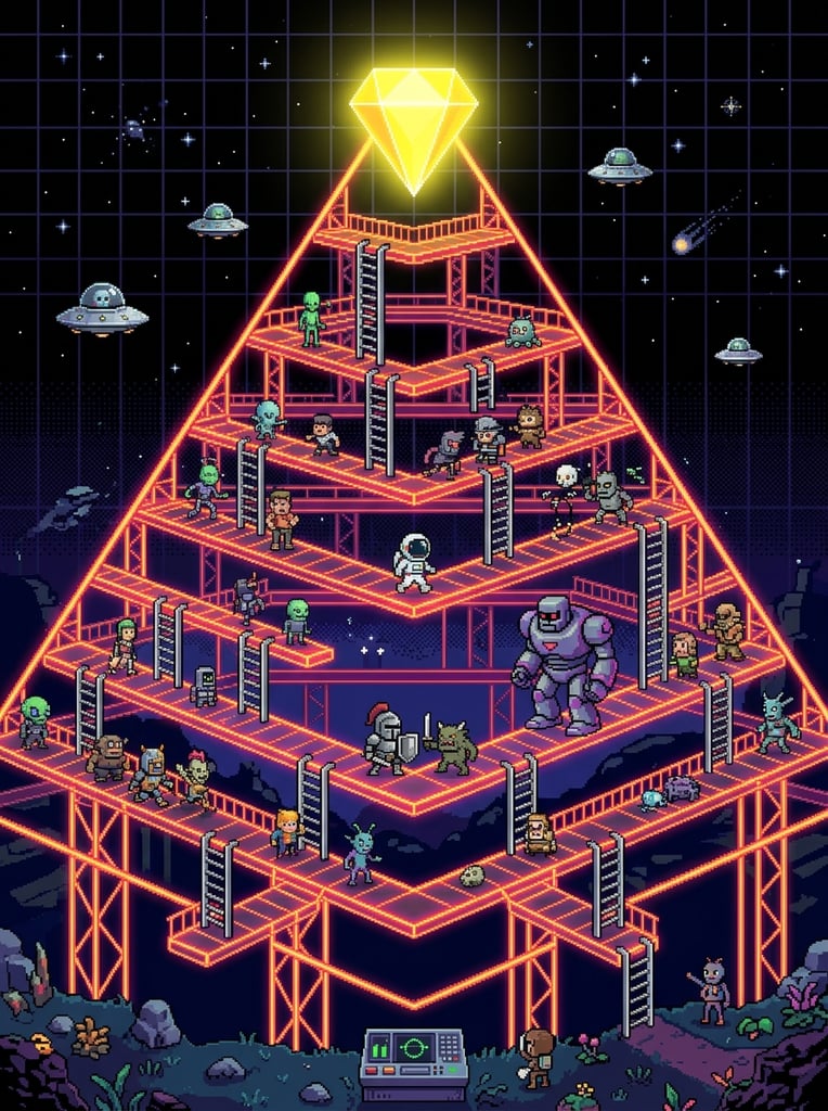 A pixel-art triangular structure of neon orange platforms and silver ladders stands against a dark background, topped with a glowing yellow diamond. Various 8-bit figures, including a tiny astronaut, a giant purple robot, silver flying saucers, and an armored knight, populate the tiered levels.
