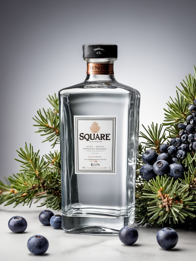 professional photography of a square gin bottle, square bottle, surrounding a juniper and juniper berries, one shot of gin in a front, no label, clear, mockup