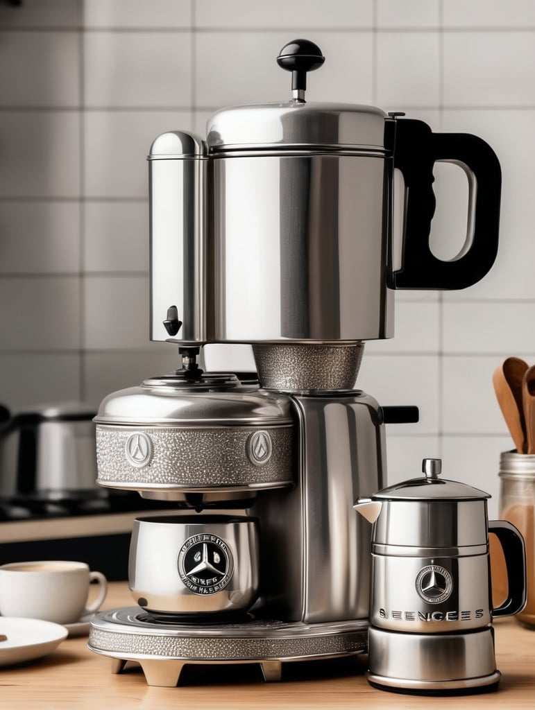 a vintage coffee maker shaped like a silver mercedes benz, grain grinder on top, coffe mug, kitchen, realistic