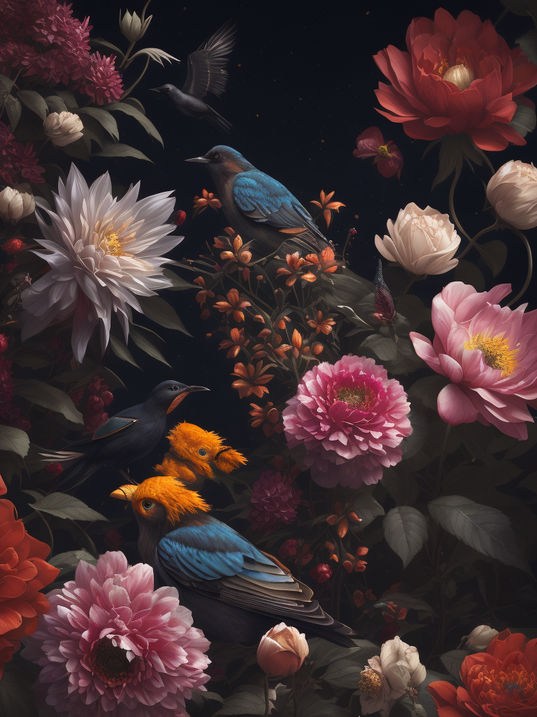 flowers and birds, deep color, sharp on details, vibrance 20, saturation 20