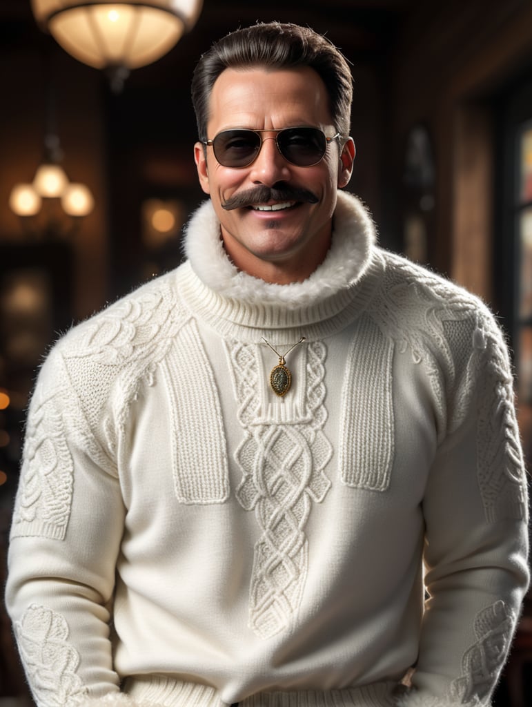 Uomo di 40 anni con i baffi, sorriso ammiccante, capelli scuri, occhiali da sole. Vestito con un maglione a collo alto bianco. Sopra al maglione ha un montone con il colletto con il pelo.