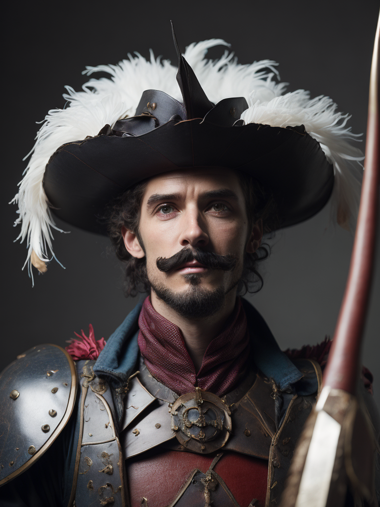 High resolution, high quality, high detail, soft lighting, cinematic lighting, realistic, DSLR, bokeh, studio quality, film grain, panorama, film grab of a young landsknecht wearing a large hat with colorful feather plumes, plate armor, black shirt, moustache, holding a very long sword, standing, simple background, 80s fantasy movie