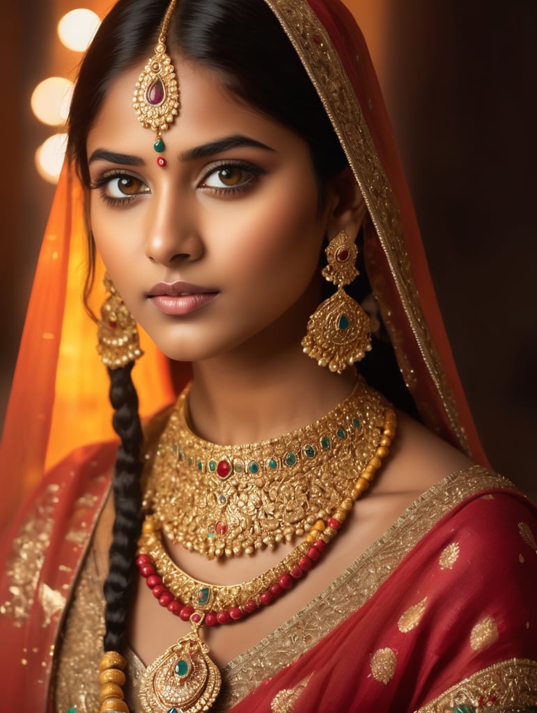 Portrait of a young, beautiful girl from India in a folk Indian dress and jewelry, Bright expressive makeup, Dramatic Lighting, Depth of field, Incredibly high detailed, bollywood