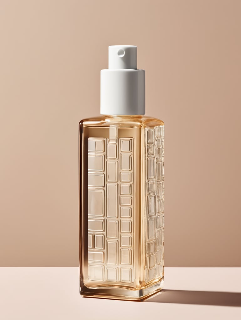 Rectangular skincare bottle with rectangular patterns in glass
