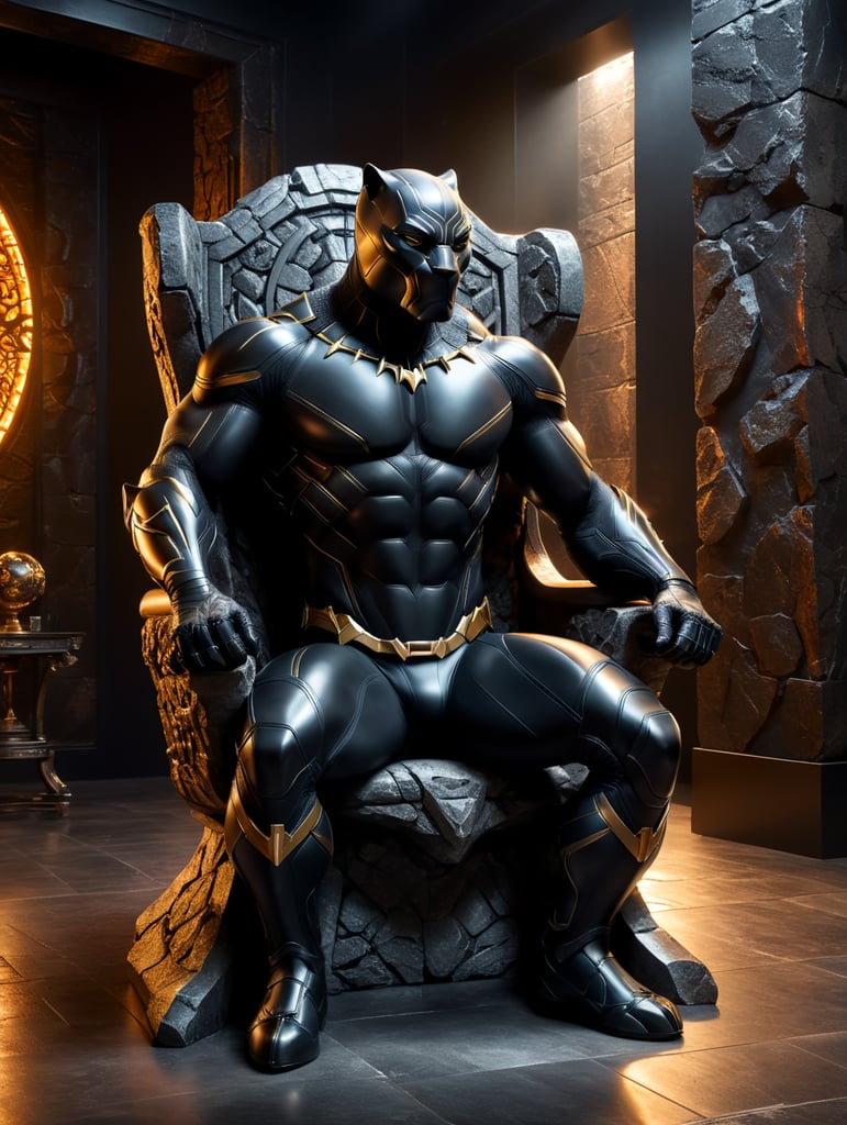Panter Like Syper Hero setting in a beautiful modern stone chair, studio shot, black background, studio light, hyper realistic, hyper detailed