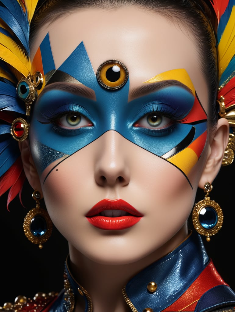 A unique close-up shot, capturing the essence of high fashion, revealing a single eye adorned with a striking avant-garde makeup design, reminiscent of the Pop Art movement, featuring vibrant primary colors and bold graphic lines, exuding an air of boldness and creativity, emphasizing, accentuating, commanding attention.