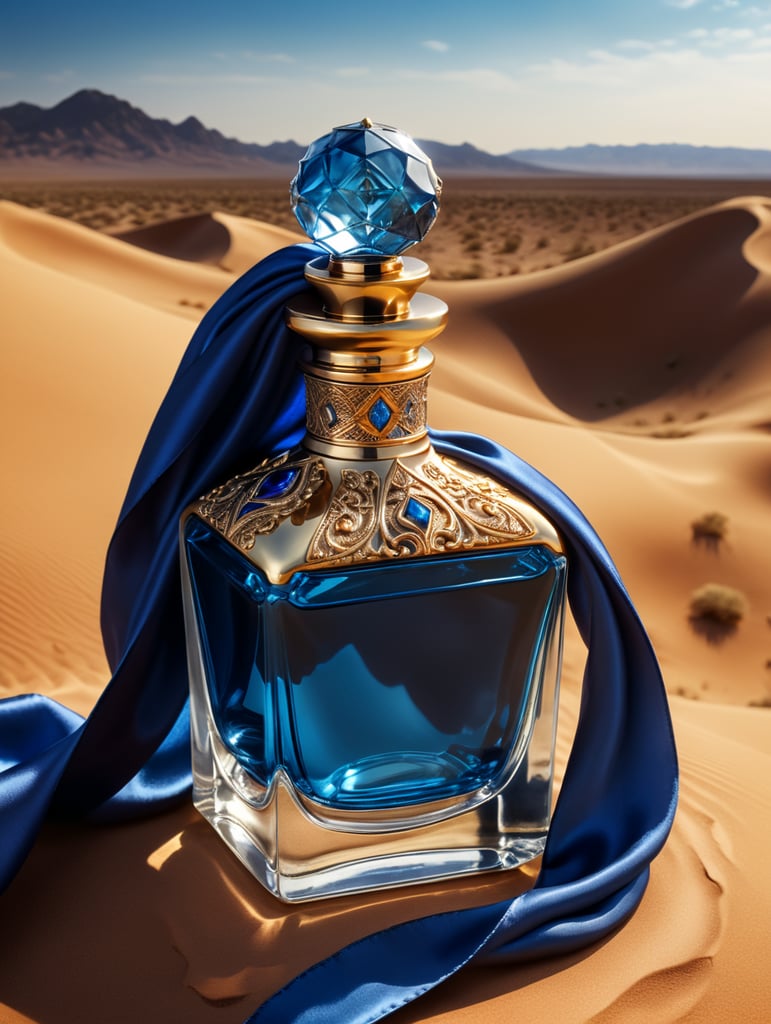 professional photography of a luxury perfume bottle in the desert, Blue satin scarf in the background, no label, clear, mockup