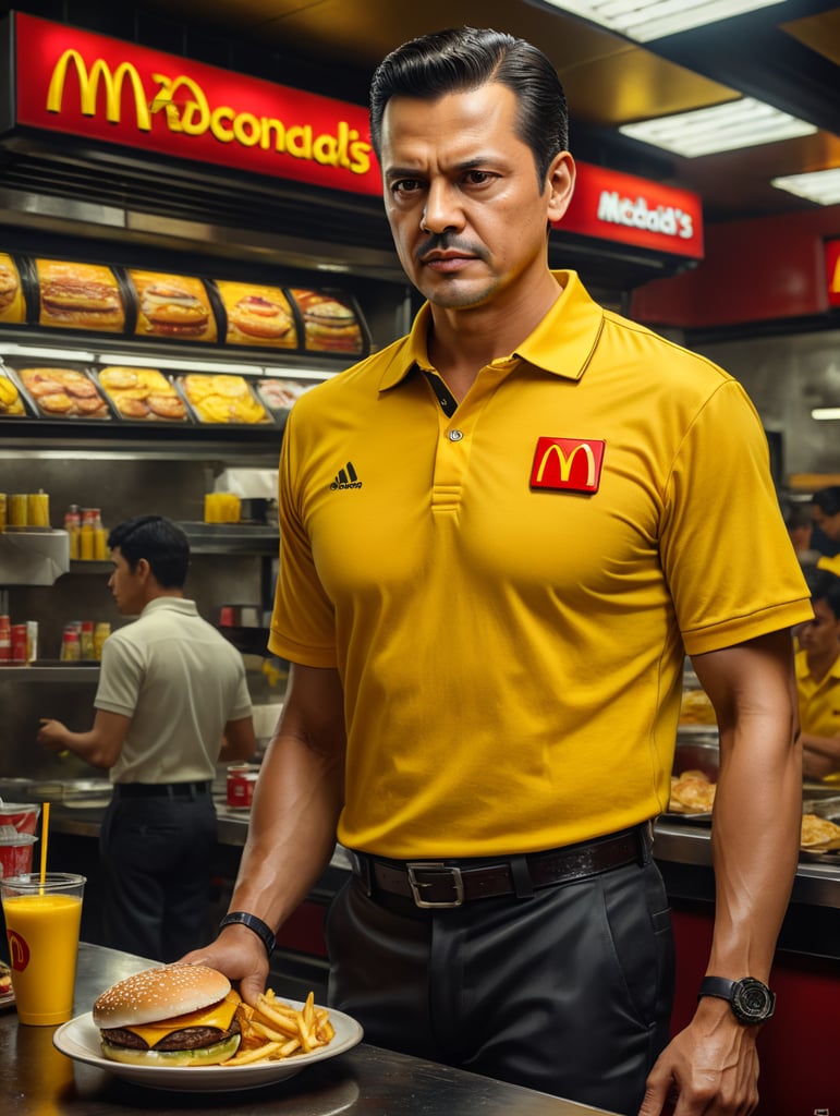 Enrique Peña Nieto as a McDonald's worker. totally sweaty, yellow polo shirt