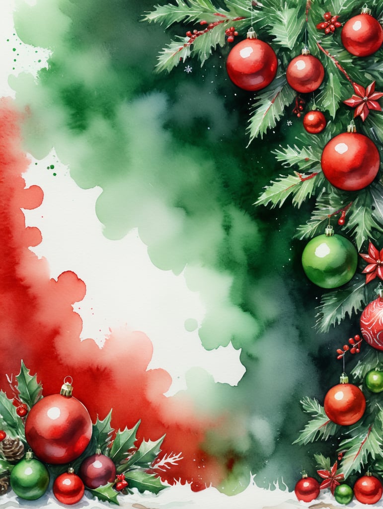 watercolor red and green christmas background with lots of white space and white backdrop