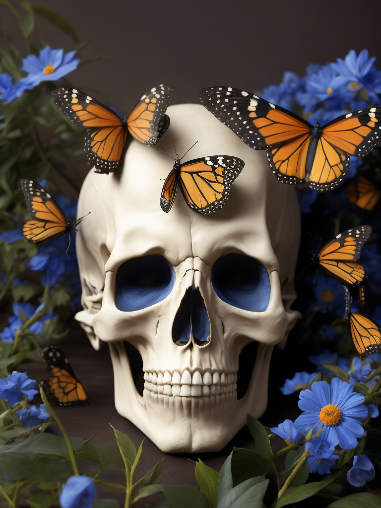 beautiful composition of a skull and monarch butterflies, rule of thirds, golden proportions, realistic art, anatomically correct, white skull with some orange butterflies, some blue flowers in the back, perfect composition, still life, high quality, front view creative, very colorful, very detailed, insane illumination, photography,