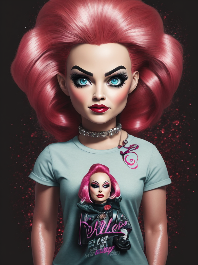 bride of chucky as barbie, t-shirt design, pink themed, glitter, pop culture, trending on pinterest