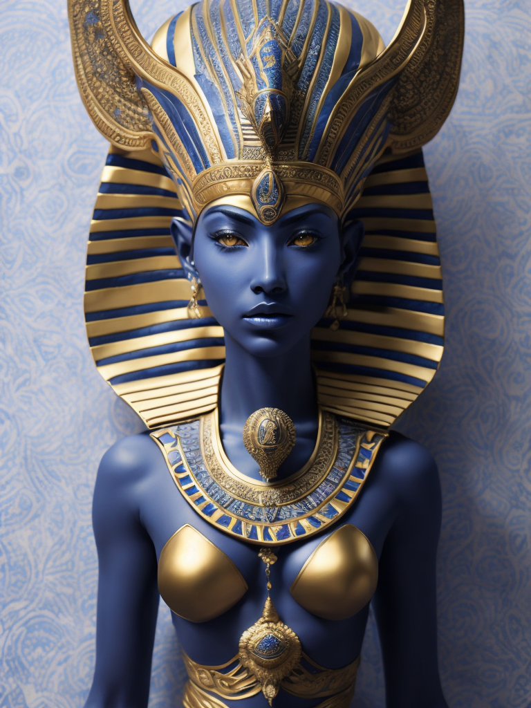 mythology goddess creature with Tutankhamen mask made of azulejo’s white and blue, gothic, gold, Neoclassical, elegant, beauty, antique classical, masterpiece, Canon50, Beautiful Lighting, Sad, highly detailed, detailed facial features, unreal engine, Octane Render, very detailed eyes, symmetrical eyes, mythology, hd, 3d, hq,