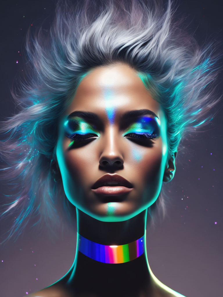 Mesmerizing Holographic face materials shimmer in motion, Photography in the style of Rankin