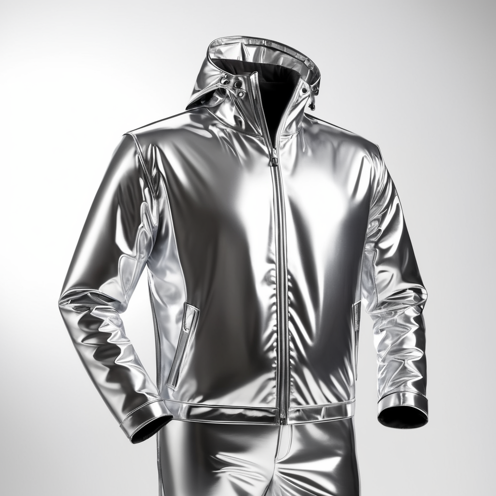 A realistic photo of a chrome shiny jacket on a invisible mannequin, coverall with reflective material, isolated, white background