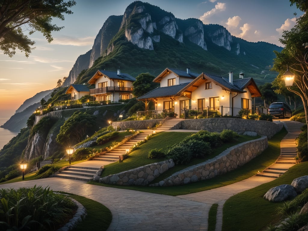 modern small cozy house on the top of a hight mountain with green trees and grass, a road leads to it, views of the village and the sea, photorealistic photo, walk paths, whide relax zone evening lights, lamps garland , wide parking zone