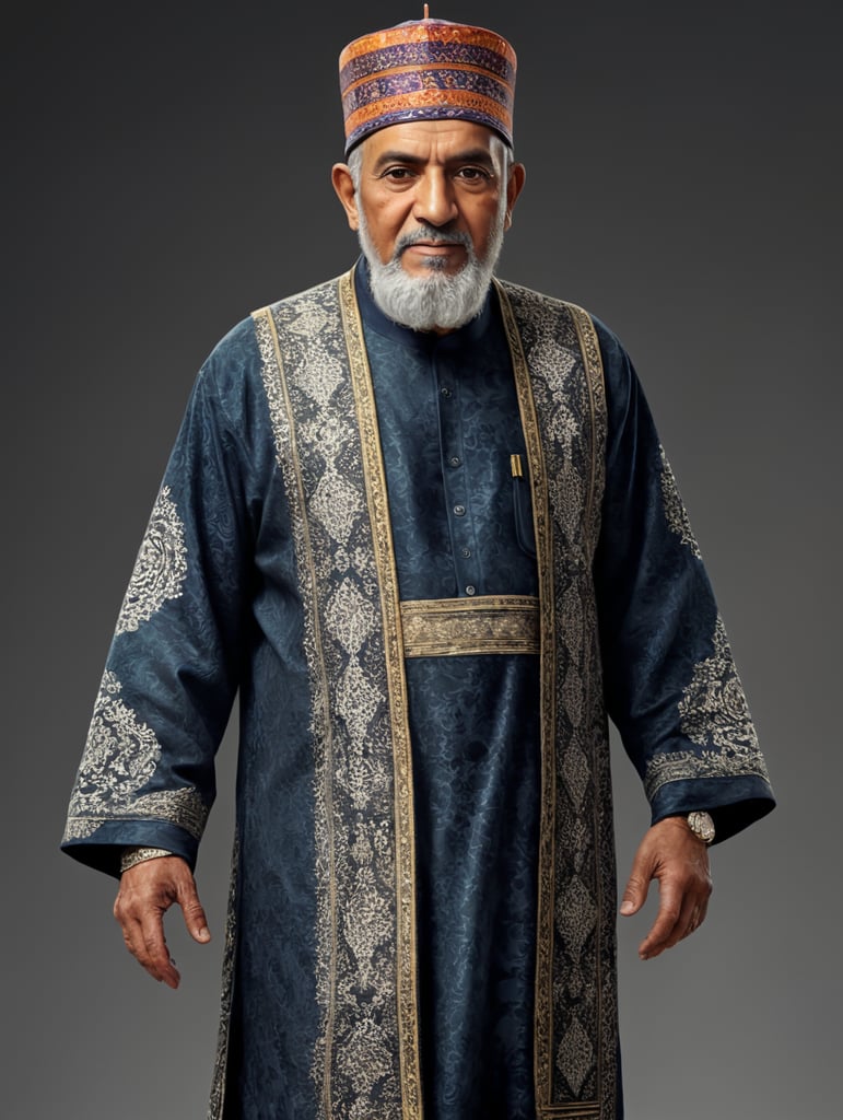 75 year old Muslim man, wearing a islamic prayer cap, wearing batik, standing with full body