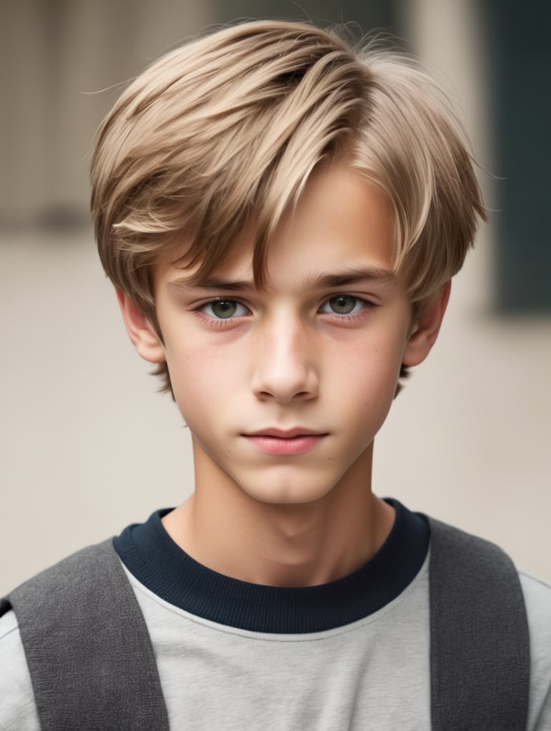 a skinny dark blonde boy with a enourmous nose and a middlepart haircut about 15 years old