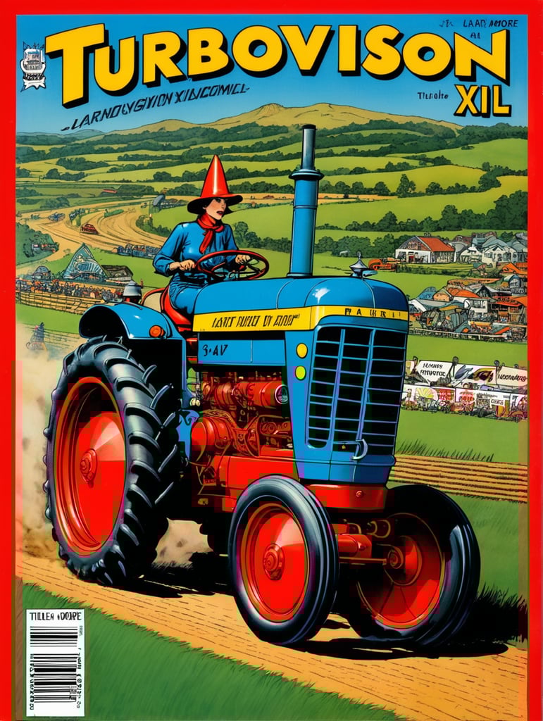 The Wizard's Vintage Comic Book Cover LoRA, Harrlogos XL LoRA – vintage comic book cover, fast (title says "TURBOVISION XL" text logo:1.4) in red, old tractor speeding down the race track, by r crumb and alan moore, detailed
