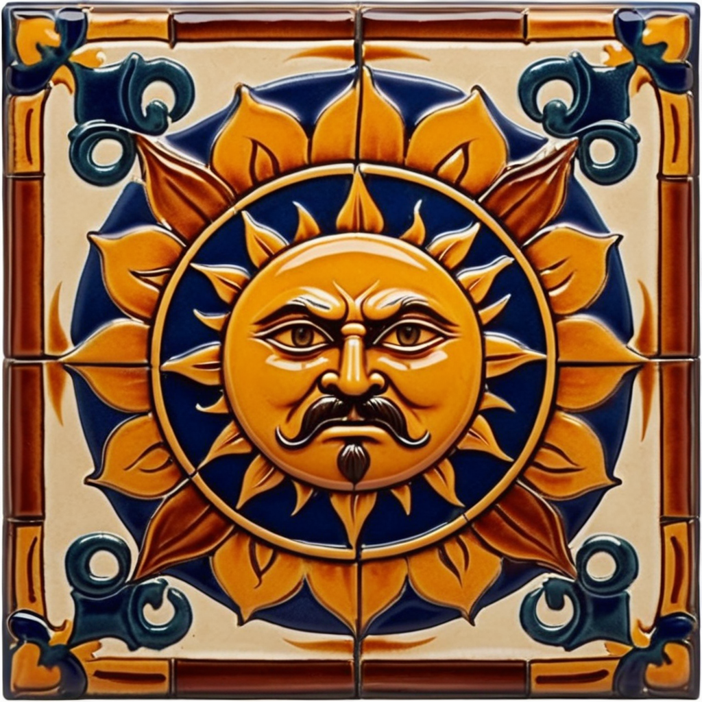 Square ceramic glazed tile with medieval art angry sun, Azulejo