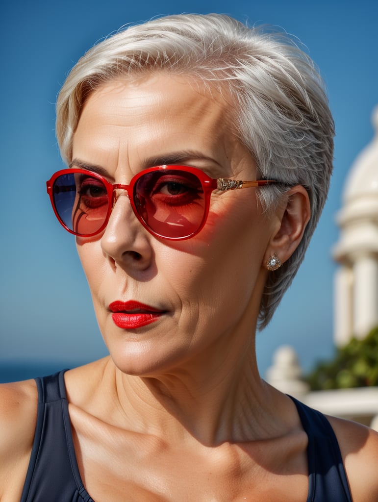 A portrait of a beautiful English older woman with white platinum short hair and big sunglasses, dressed all red, blue background, big cleavage, glamorous London portrait, highly realistic, women designer, very fashionable, colourful